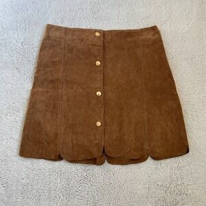 Genuine Leather Skirt 6 Brown Suede Button Front Mini Skater Twee Cute Scalloped